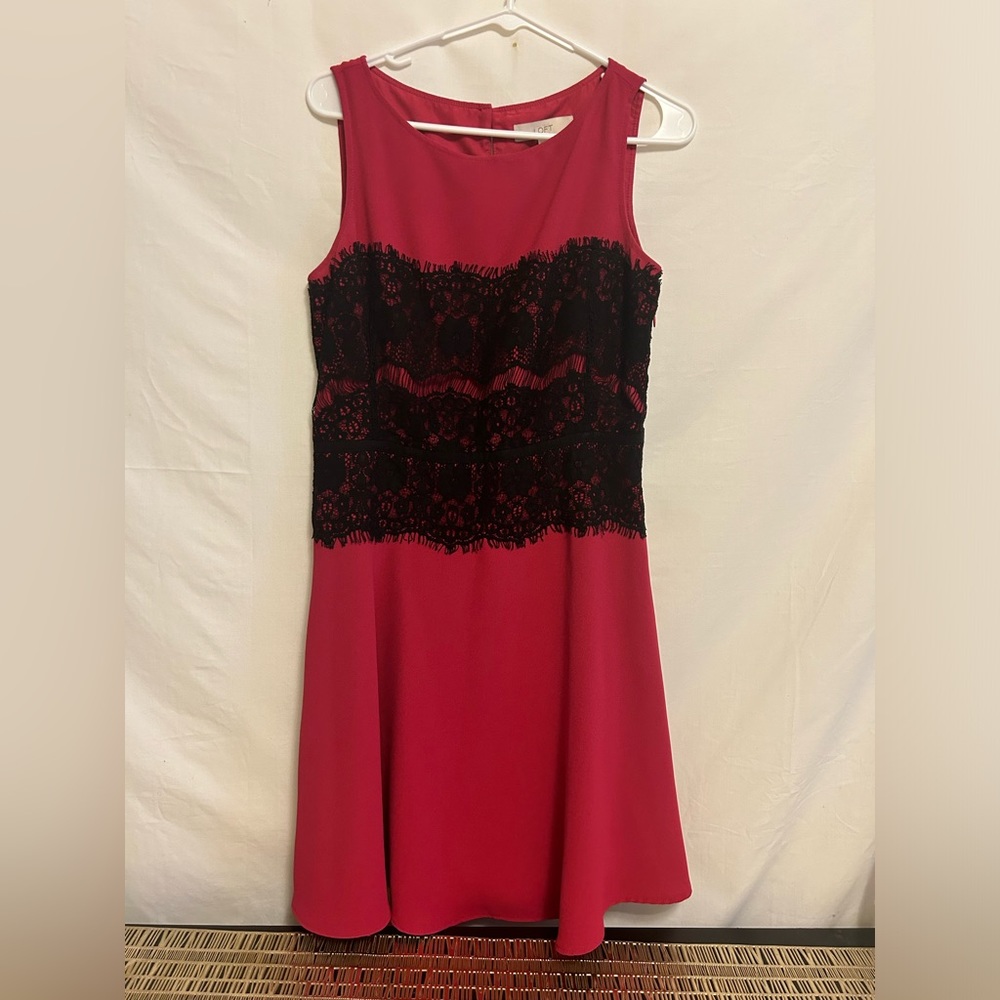 Loft Pink With Black Lace Fit and Flare Dress Size 8